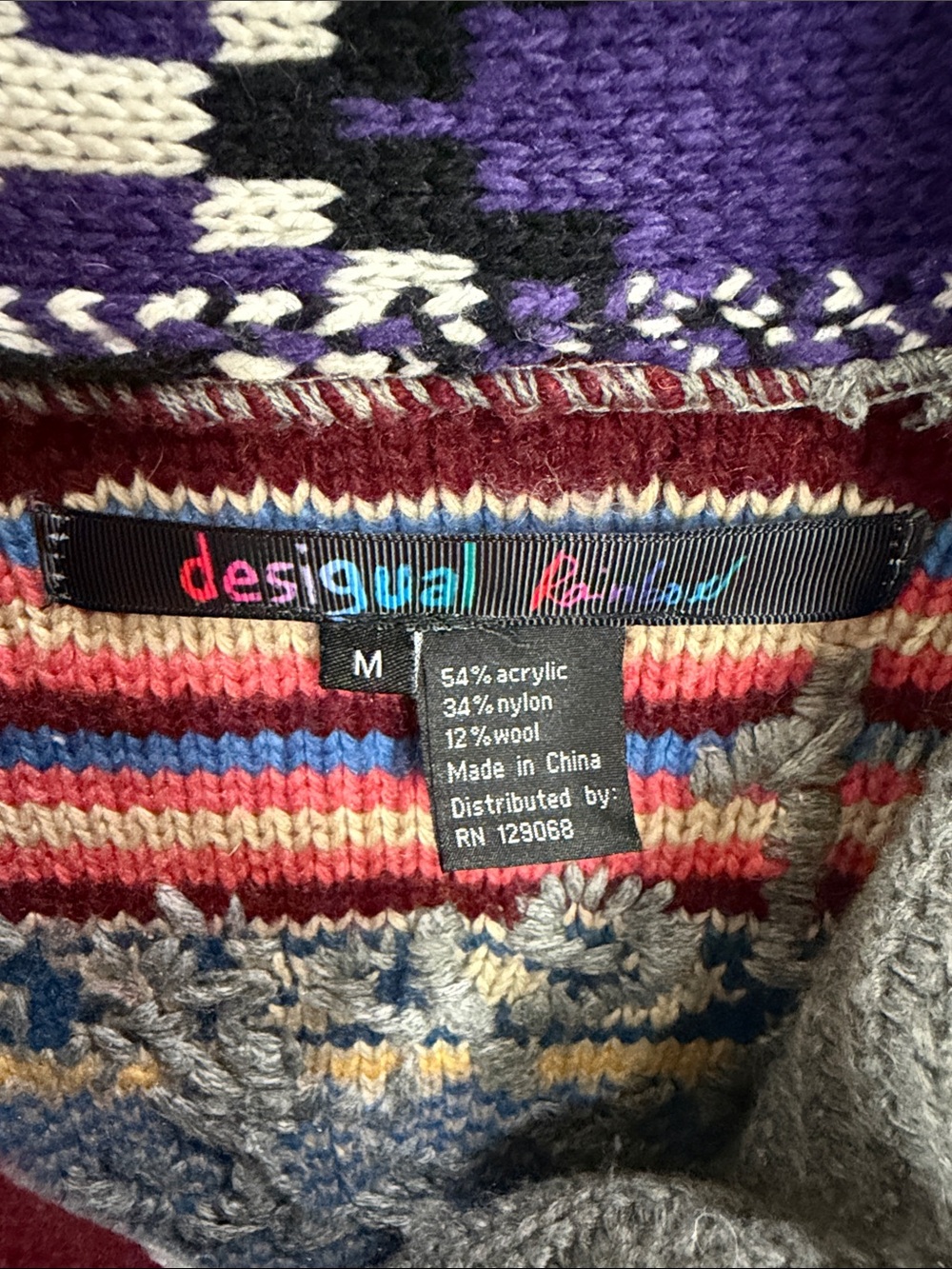 Desigual Multicolor Patchwork Zip-Up Sweater with Gray Trim,Size M. - Picture 5 of 17
